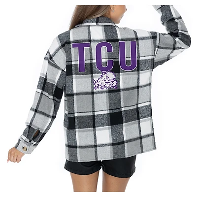 Women's Gameday Couture  Grey TCU Horned Frogs Long Sleeve Brushed Plaid Button-Up Overshirt Jacket