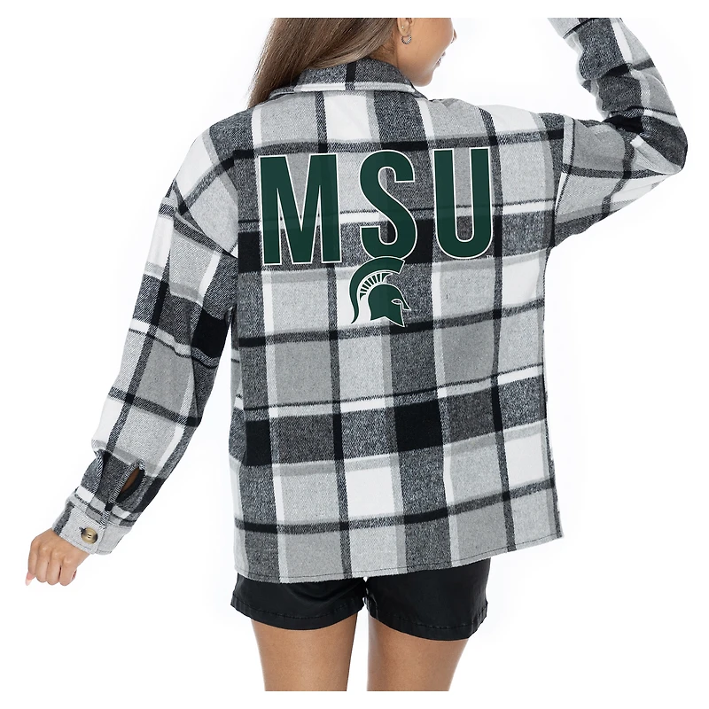 Women's Gameday Couture  Grey Michigan State Spartans Long Sleeve Brushed Plaid Button-Up Overshirt Jacket