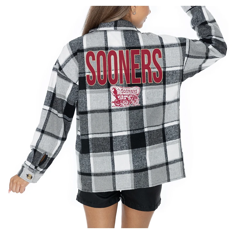 Women's Gameday Couture  Grey Oklahoma Sooners Long Sleeve Brushed Plaid Button-Up Overshirt Jacket