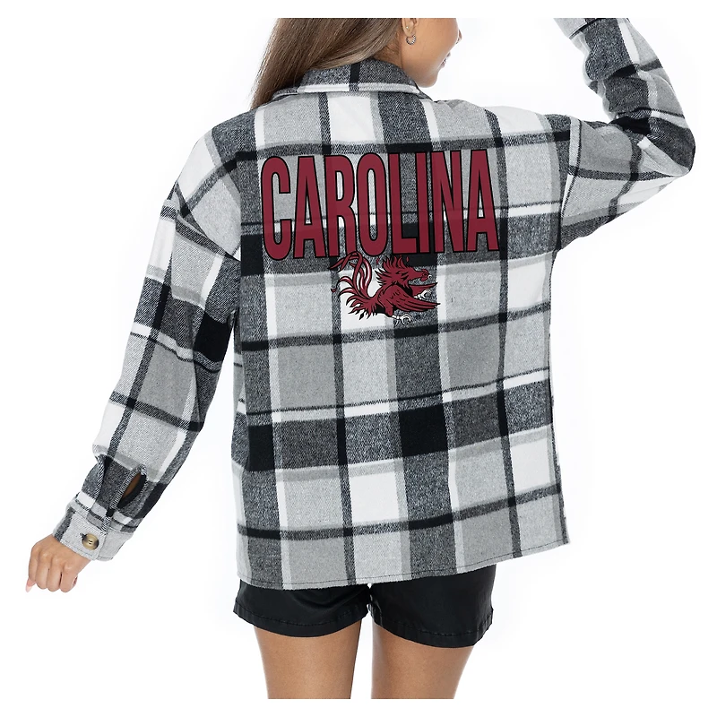 Women's Gameday Couture  Grey South Carolina Gamecocks Long Sleeve Brushed Plaid Button-Up Overshirt Jacket