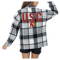 Women's Gameday Couture  Grey USC Trojans Long Sleeve Brushed Plaid Button-Up Overshirt Jacket