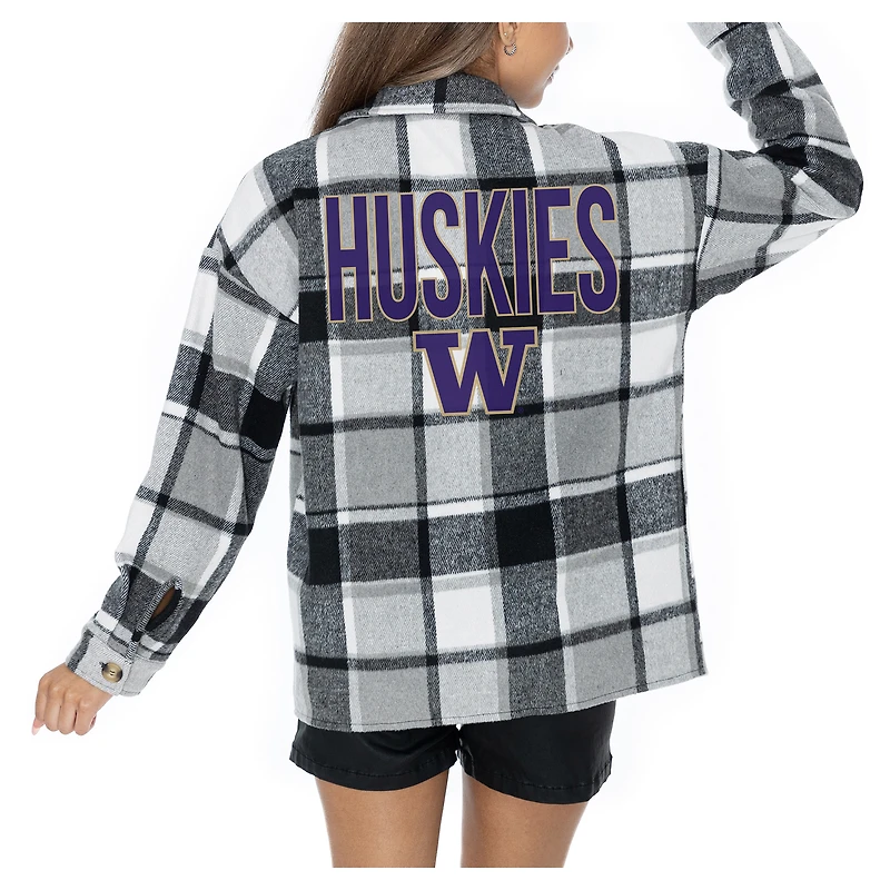 Women's Gameday Couture  Grey Washington Huskies Long Sleeve Brushed Plaid Button-Up Overshirt Jacket