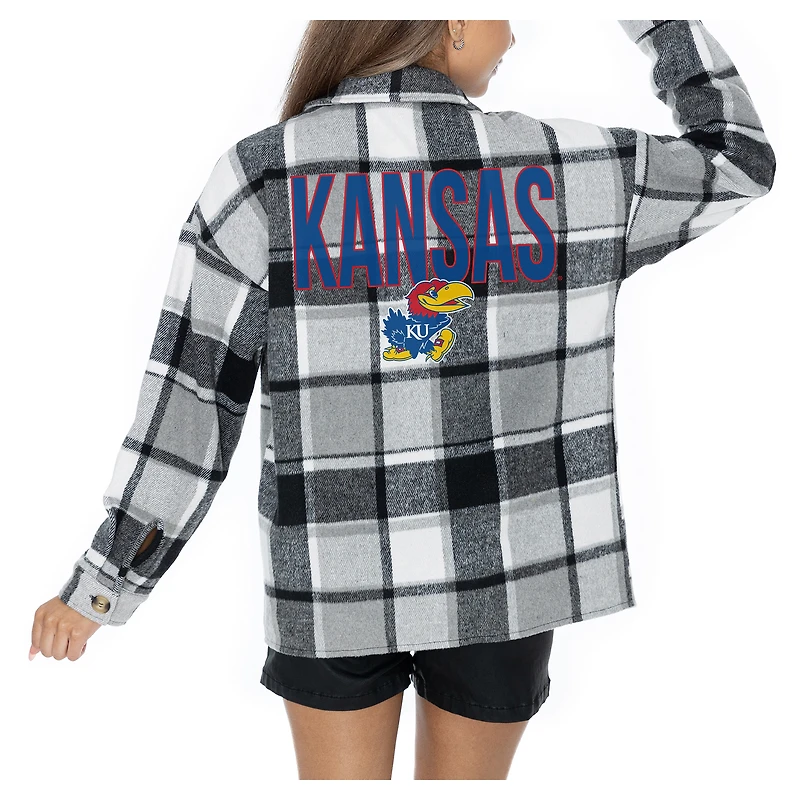 Women's Gameday Couture  Grey Kansas Jayhawks Long Sleeve Brushed Plaid Button-Up Overshirt Jacket