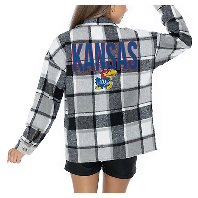 Women's Gameday Couture  Grey Kansas Jayhawks Long Sleeve Brushed Plaid Button-Up Overshirt Jacket