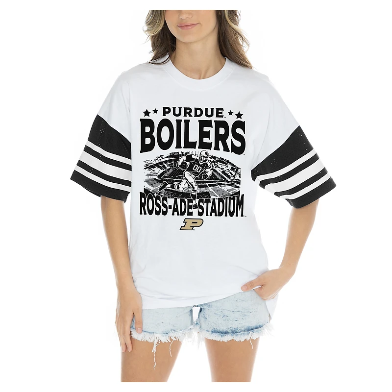 Women's Gameday Couture  White Purdue Boilermakers Crowd Pleaser Contrast Sporty Heritage Stripe Oversized T-Shirt