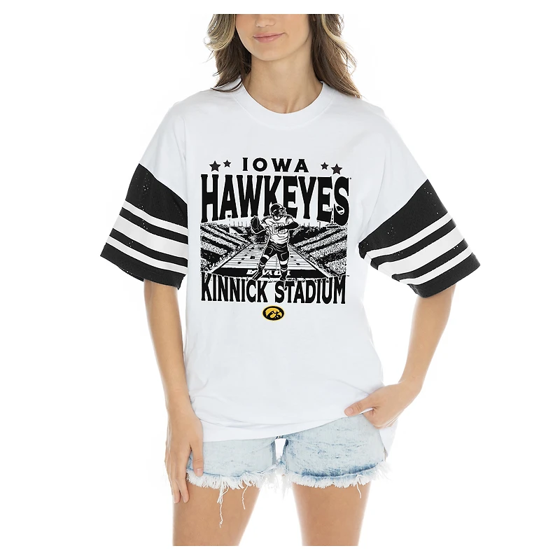 Women's Gameday Couture  White Iowa Hawkeyes Crowd Pleaser Contrast Sporty Heritage Stripe Oversized T-Shirt