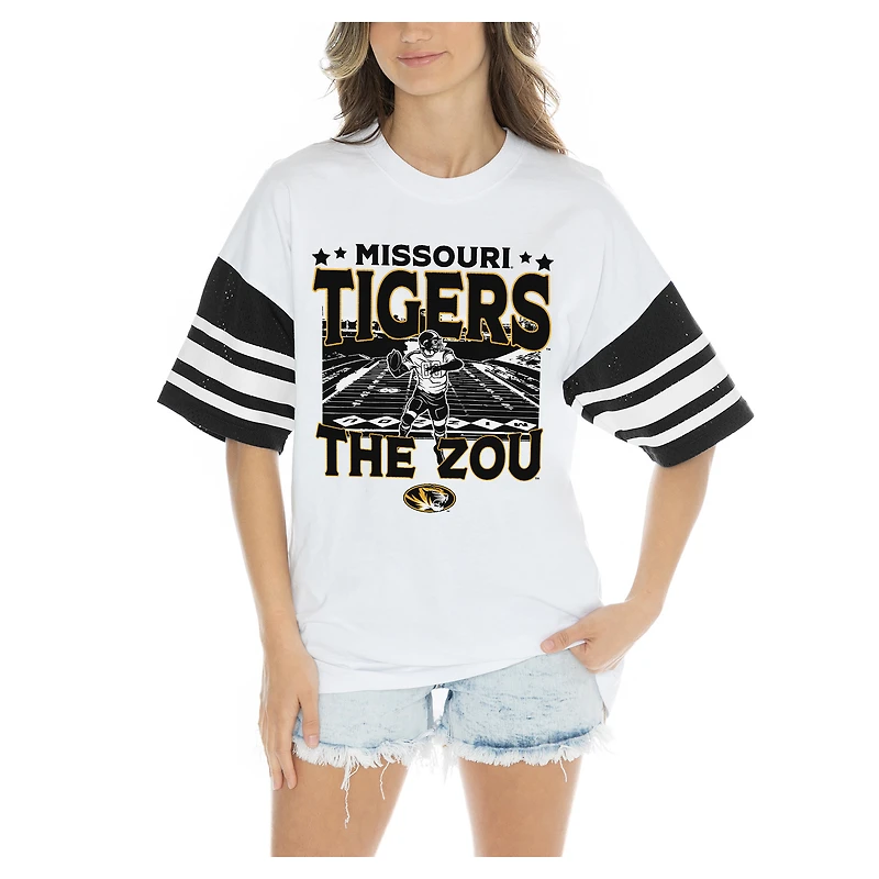 Women's Gameday Couture  White Missouri Tigers Crowd Pleaser Contrast Sporty Heritage Stripe Oversized T-Shirt