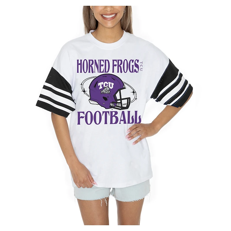 Women's Gameday Couture White TCU Horned Frogs Starting Lineup Contrast Sporty Heritage Oversized T-Shirt