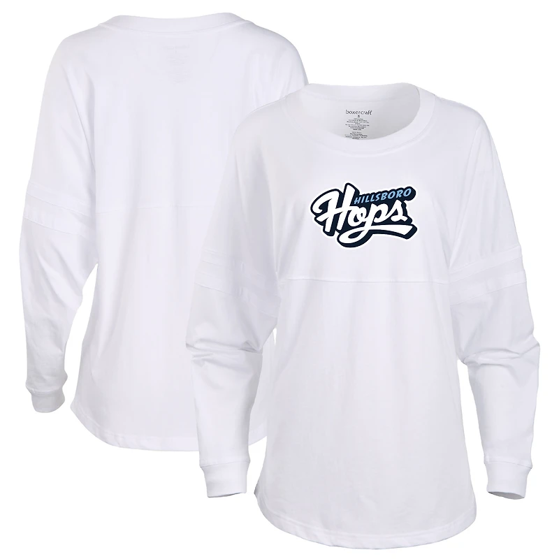 Women's White Hillsboro Hops Retro Jersey Long Sleeve Pom Pom T-Shirt