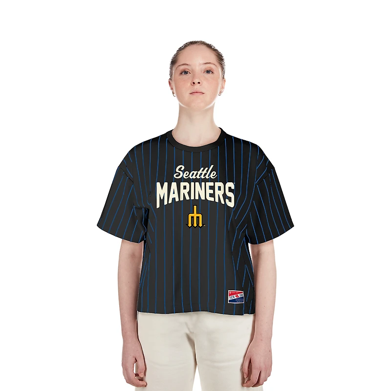 Women's New Era  Black Seattle Mariners City Connect Multiplier Pinstripe Cropped T-Shirt