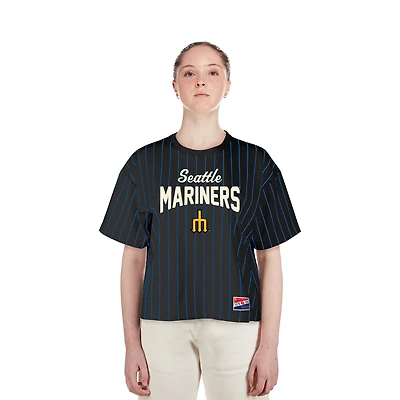 Women's New Era  Black Seattle Mariners City Connect Multiplier Pinstripe Cropped T-Shirt