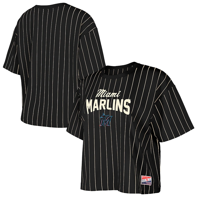 Women's New Era Black Miami Marlins Cooperstown Collection Multiplier Pinstripe Cropped T-Shirt