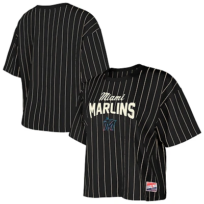 Women's New Era Black Miami Marlins Cooperstown Collection Multiplier Pinstripe Cropped T-Shirt