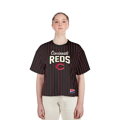 Women's New Era Black Cincinnati Reds Cooperstown Collection Multiplier Pinstripe Cropped T-Shirt