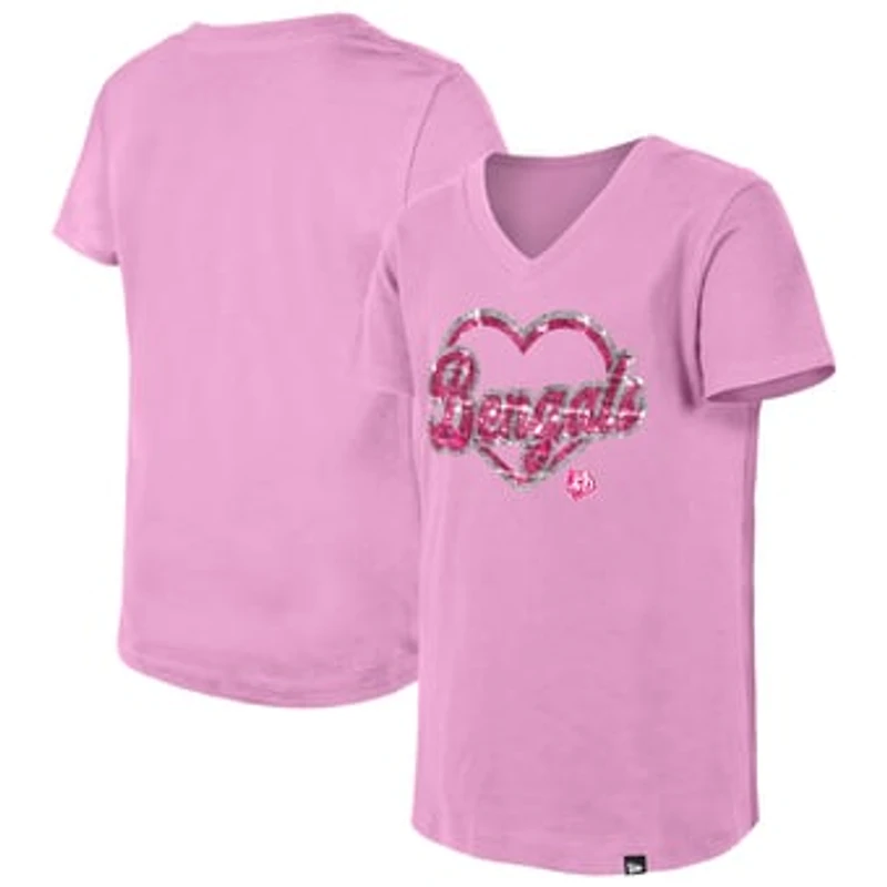 Girls Youth New Era Pink Cincinnati Bengals Flip Sequins V-Neck T-Shirt
