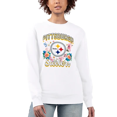 Women's G-III 4Her by Carl Banks  White Pittsburgh Steelers Flower Logo Graphic Fleece Pullover Sweatshirt