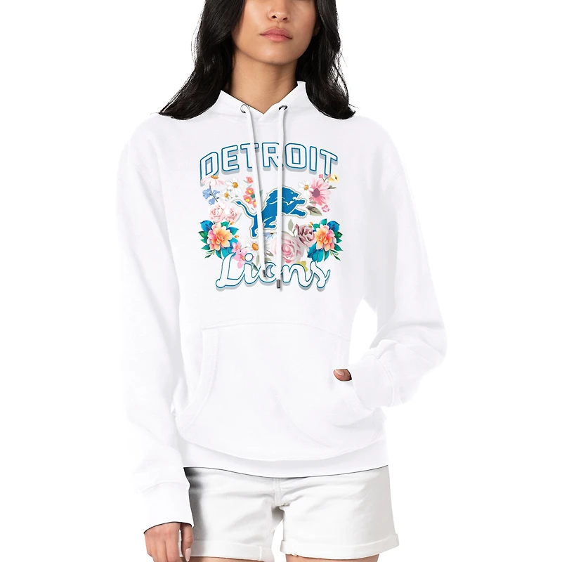 Women's G-III 4Her by Carl Banks White Detroit Lions Flowers Team Logo Graphic Fleece Pullover Hoodie