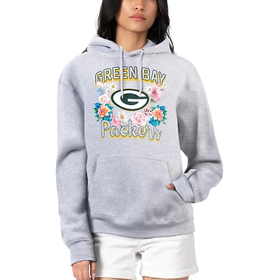 Women's G-III 4Her by Carl Banks Heather Gray Green Bay Packers Flowers Team Logo Graphic Fleece Pullover Hoodie
