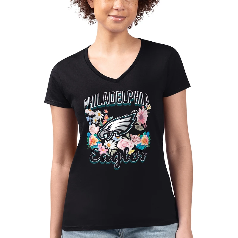 Women's G-III 4Her by Carl Banks Black Philadelphia Eagles Super-Slim Fit Lightweight Flowers Team Logo Graphic V-Neck T-Shirt