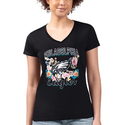 Women's G-III 4Her by Carl Banks Black Philadelphia Eagles Super-Slim Fit Lightweight Flowers Team Logo Graphic V-Neck T-Shirt