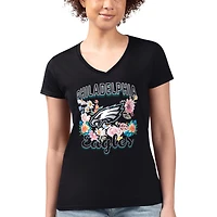 Women's G-III 4Her by Carl Banks Black Philadelphia Eagles Super-Slim Fit Lightweight Flowers Team Logo Graphic V-Neck T-Shirt