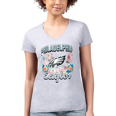 Women's G-III 4Her by Carl Banks Heather Gray Philadelphia Eagles Super-Slim Fit Lightweight Flowers Team Logo Graphic V-Neck T-Shirt