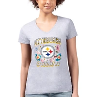 Women's G-III 4Her by Carl Banks Heather Gray Pittsburgh Steelers Super-Slim Fit Lightweight Flowers Team Logo Graphic V-Neck T-Shirt