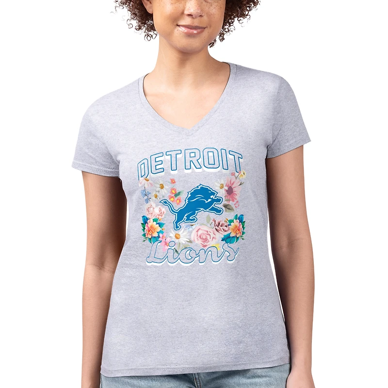 Women's G-III 4Her by Carl Banks Heather Gray Detroit Lions Super-Slim Fit Lightweight Flowers Team Logo Graphic V-Neck T-Shirt