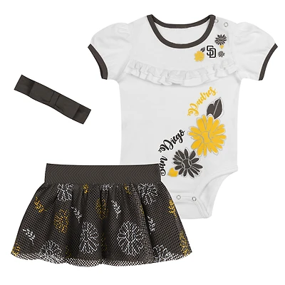 Newborn White/Brown San Diego Padres Sweet Catcher 3-Piece Bodysuit, Headband and Skirt Set