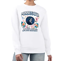Women's G-III 4Her by Carl Banks White Minnesota Timberwolves Flowers Team Logo Graphic Fleece Crewneck Pullover Sweatshirt