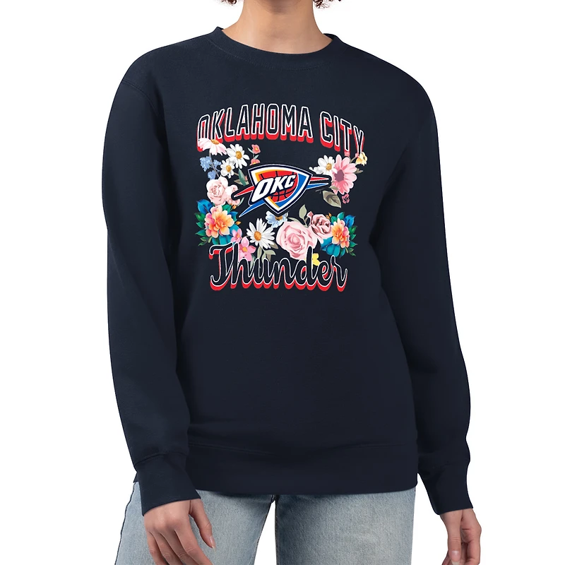 Women's G-III 4Her by Carl Banks Navy Oklahoma City Thunder Flowers Team Logo Graphic Fleece Crewneck Pullover Sweatshirt