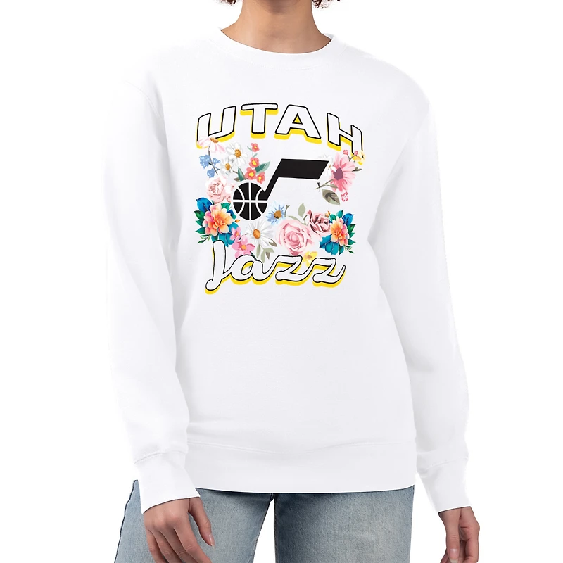 Women's G-III 4Her by Carl Banks White Utah Jazz Flowers Team Logo Graphic Fleece Crewneck Pullover Sweatshirt