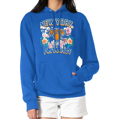 Women's G-III 4Her by Carl Banks Blue New York Knicks Flowers Team Logo Graphic Fleece Pullover Hoodie
