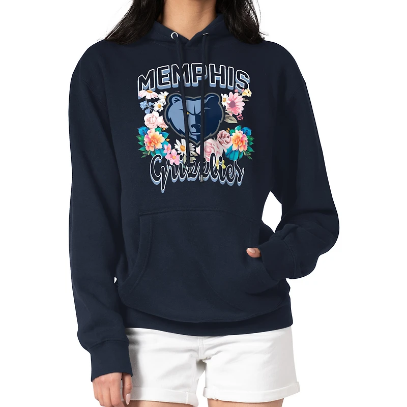 Women's G-III 4Her by Carl Banks Navy Memphis Grizzlies Flowers Team Logo Graphic Fleece Pullover Hoodie