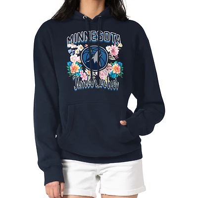 Women's G-III 4Her by Carl Banks Navy Minnesota Timberwolves Flowers Team Logo Graphic Fleece Pullover Hoodie