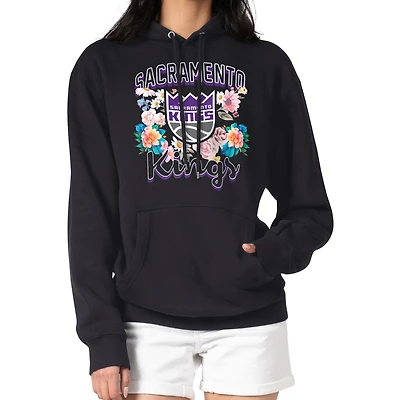 Women's G-III 4Her by Carl Banks Black Sacramento Kings Flowers Team Logo Graphic Fleece Pullover Hoodie