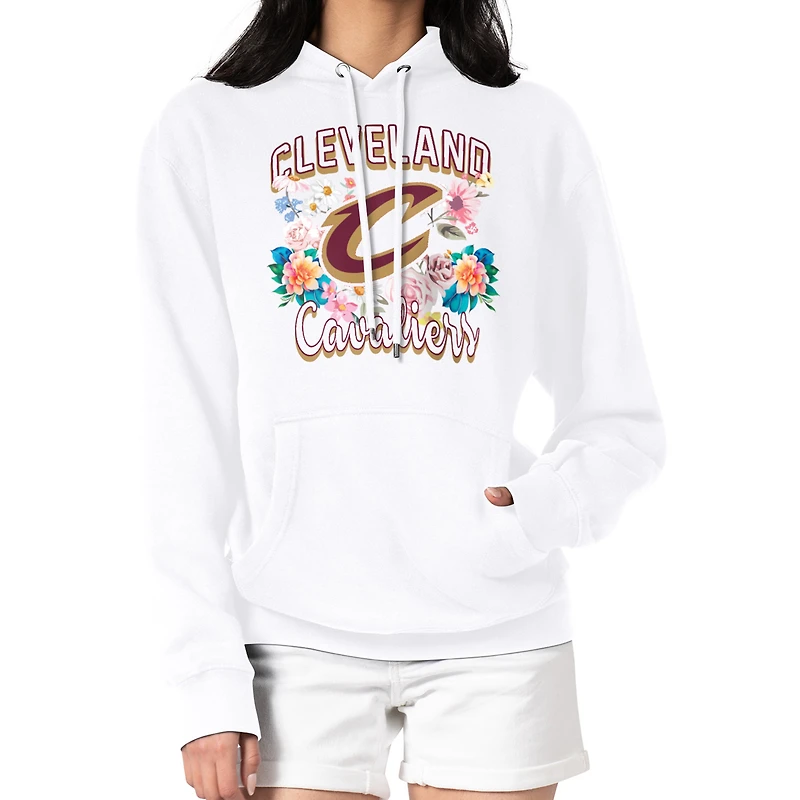 Women's G-III 4Her by Carl Banks White Cleveland Cavaliers Flowers Team Logo Graphic Fleece Pullover Hoodie