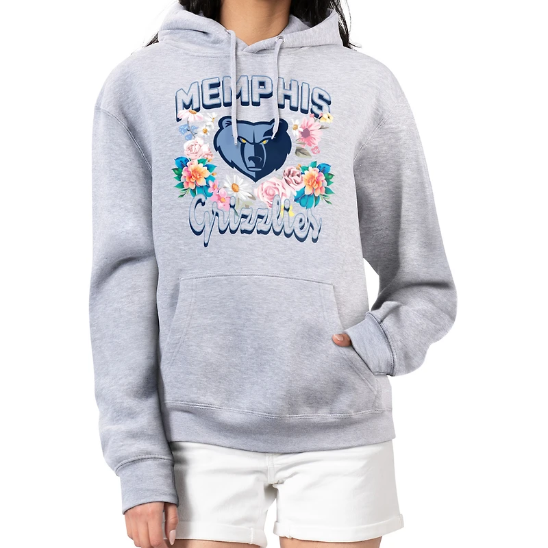 Women's G-III 4Her by Carl Banks Heather Gray Memphis Grizzlies Flowers Team Logo Graphic Fleece Pullover Hoodie