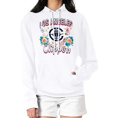 Women's G-III 4Her by Carl Banks White LA Clippers Flowers Team Logo Graphic Fleece Pullover Hoodie