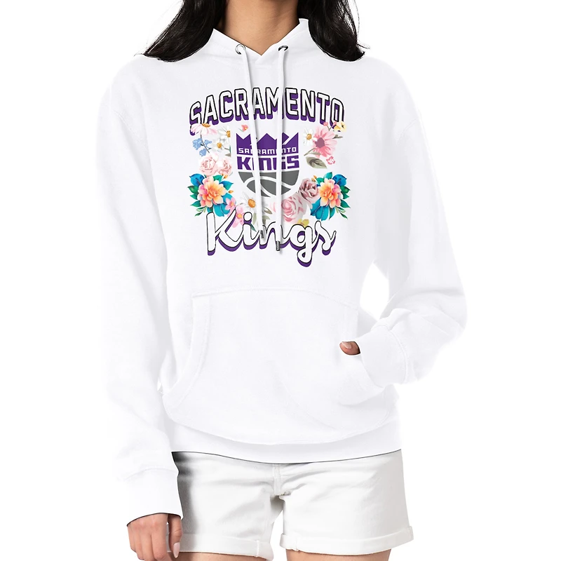 Women's G-III 4Her by Carl Banks White Sacramento Kings Flowers Team Logo Graphic Fleece Pullover Hoodie