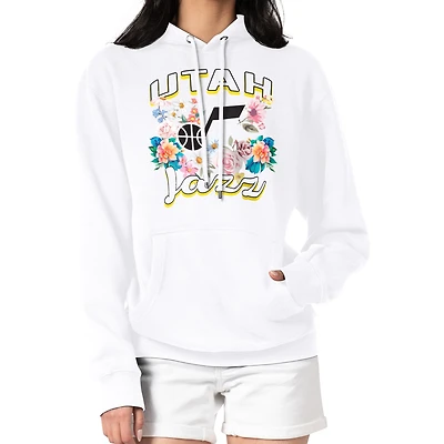 Women's G-III 4Her by Carl Banks White Utah Jazz Flowers Team Logo Graphic Fleece Pullover Hoodie