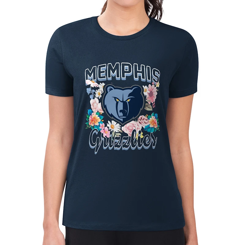 Women's G-III 4Her by Carl Banks Navy Memphis Grizzlies Super-Slim Fit Lightweight Flowers Team Logo Graphic T-Shirt
