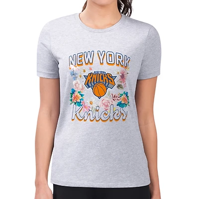 Women's G-III 4Her by Carl Banks Heather Gray New York Knicks Super-Slim Fit Lightweight Flowers Team Logo Graphic T-Shirt