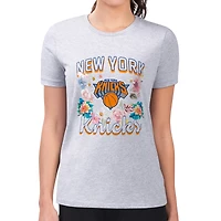Women's G-III 4Her by Carl Banks Heather Gray New York Knicks Super-Slim Fit Lightweight Flowers Team Logo Graphic T-Shirt
