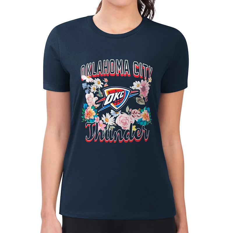 Women's G-III 4Her by Carl Banks Navy Oklahoma City Thunder Super-Slim Fit Lightweight Flowers Team Logo Graphic T-Shirt