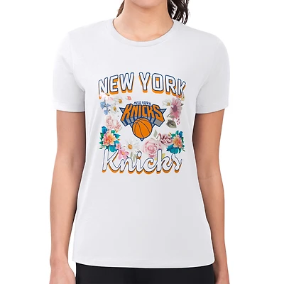 Women's G-III 4Her by Carl Banks White New York Knicks Super-Slim Fit Lightweight Flowers Team Logo Graphic T-Shirt