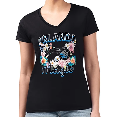 Women's G-III 4Her by Carl Banks Black Orlando Magic Super-Slim Fit Lightweight Flowers Team Logo Graphic V-Neck T-Shirt
