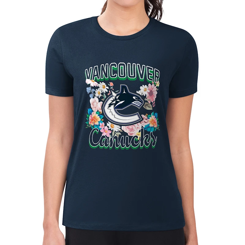 Women's G-III 4Her by Carl Banks Navy Vancouver Canucks Super-Slim Fit Lightweight Flower Logo T-Shirt