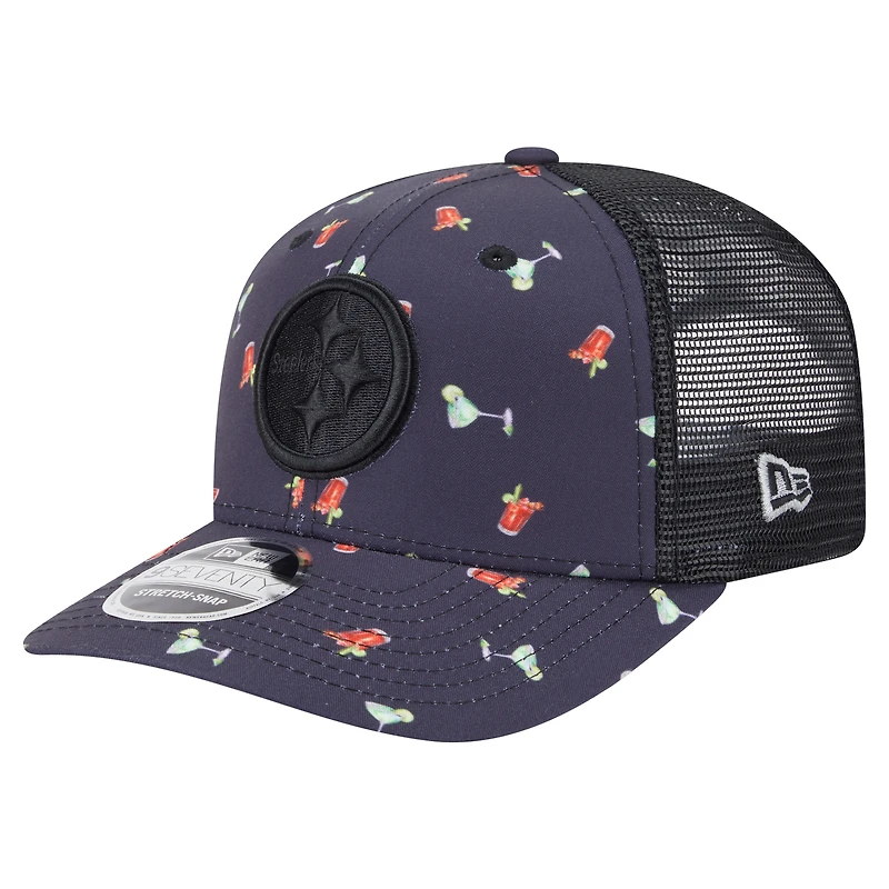 Men's New Era Navy/Black Pittsburgh Steelers Adventure Drinks Pattern 9SEVENTY Stretch-Snap Hat