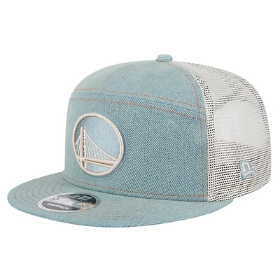 Men's New Era Golden State Warriors Adventure Denim Split Panel 9FIFTY Snapback Trucker Hat